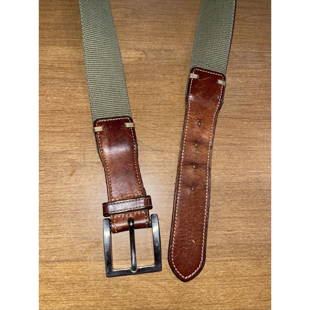 Vintage Trafalgar Canvas Belt Olive Green XL 34 Italy Leather Brass Buckle 1980s